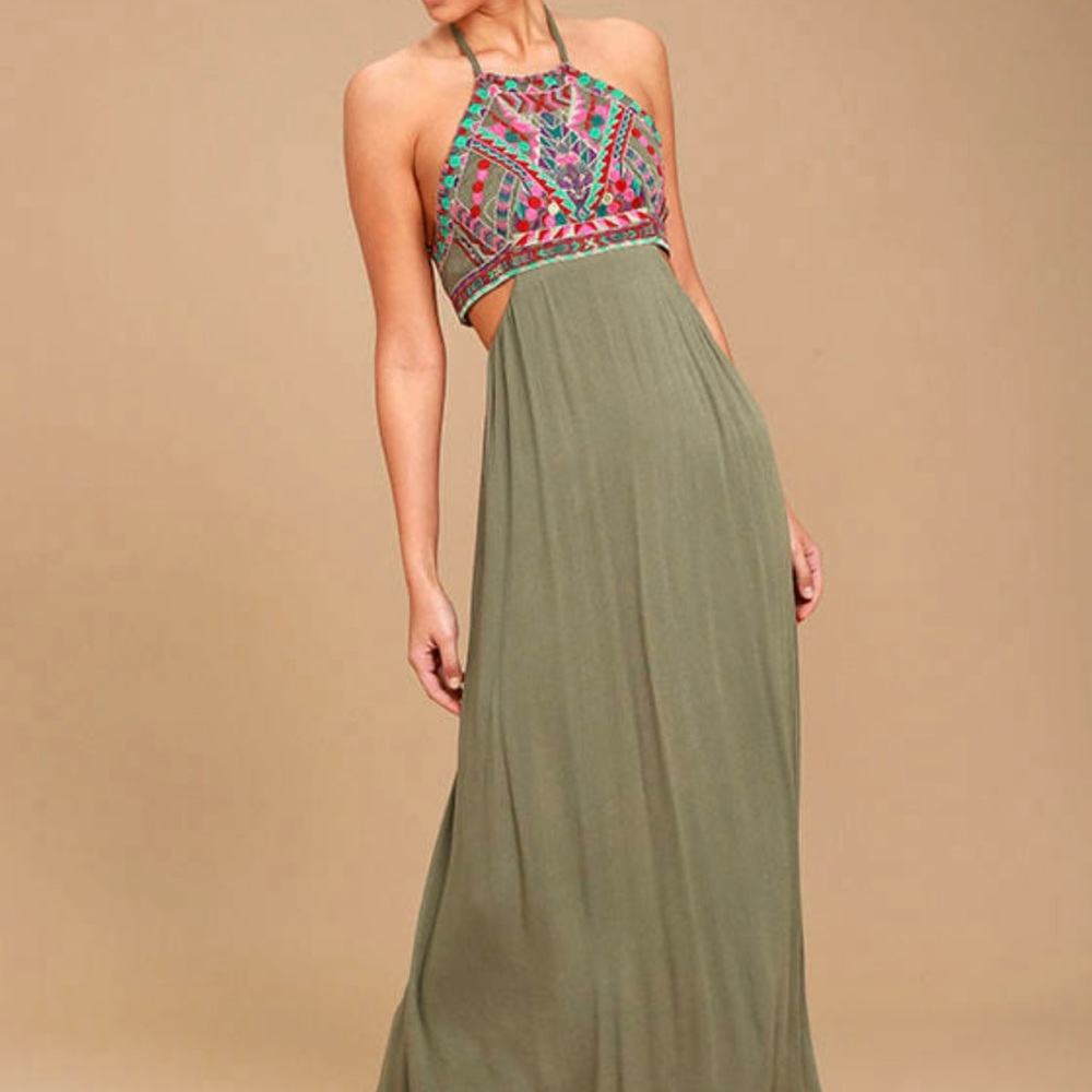 Lulu's Green Halter Maxi Sundress for Prom
